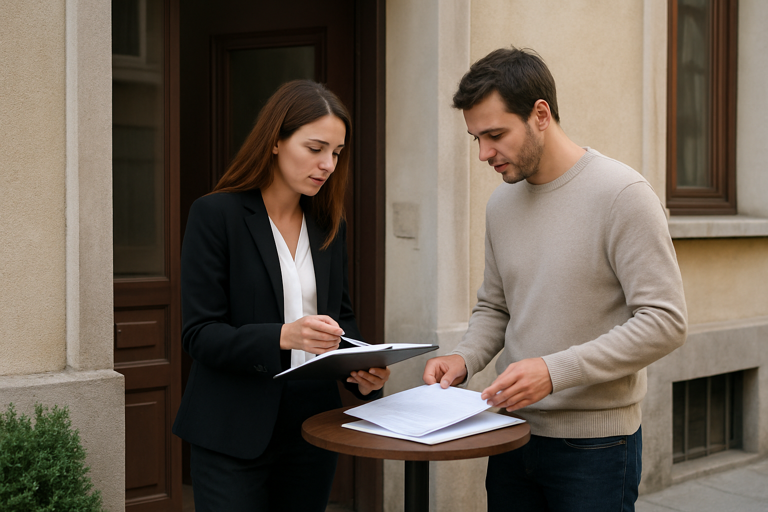 Portone di un condominio con documenti relativi al certificato di agibilità