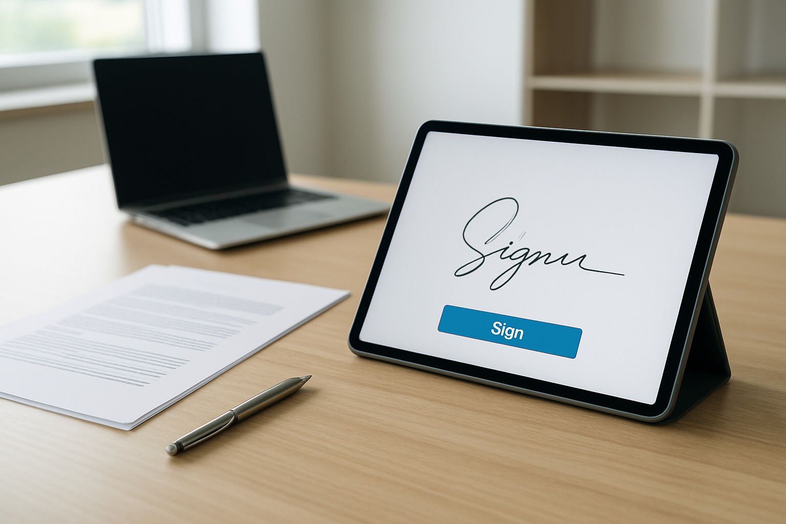 Tablet con interfaccia di firma digitale su una scrivania professionale